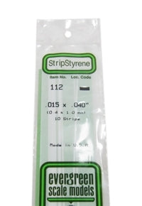 Evergreen Scale Models 112 Styrene Strip .015 X .040" (0.4 X 1.0 mm) 10 strips NIB