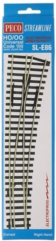 Peco Streamline SL-E86 HO / OO Universal Code 100 Nickel Silver Rail Electrofrog Curved Double Radius Right Hand Turnout Switch