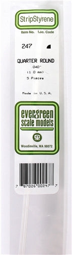 Evergreen Scale Models 247 14" Styrene Quarter Round .040" Pkg of 5 NIB