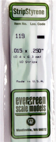 Evergreen Scale Models 119 Styrene Strip .015 X .250" (0.4 X 6.3mm) 10 strips NIB