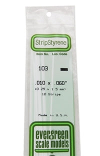 Evergreen Scale Models 103 Styrene Strip .010 x .060" (0.25 x 1.5 mm) 10 strips NIB