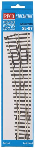 Peco Streamline SL-87 HO / OO Universal Code 100 Nickel Silver Rail Insulfrog Curved Double Radius Left Hand Turnout Switch