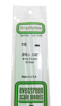 Evergreen Scale Models 115 Styrene Strip .015 X .100" (0.4 X 2.5mm) 10 strips NIB