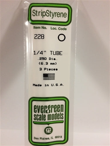 Evergreen Scale Models 228 Styrene Tube .250" (.64cm) Diameter Pkg of 3 NIB