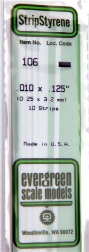 Evergreen Scale Models 106 Styrene Strip .010 x .125" (0.25 x 3.2 mm) 14" Long 10 strips NIB