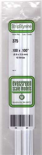 Evergreen Scale Models 375 Styrene Strips .100 x .100" (2.5 x 2.5mm) 12 pieces NIB