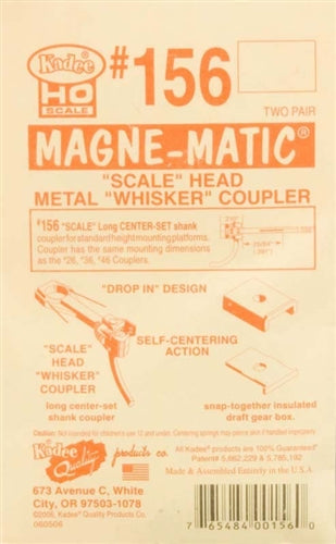 Kadee #156 HO Magne-Matic Scale Head Metal Whisker Coupler Long 25/64" Centerset Shank w/#242 Draft Gear Boxes 2 Pair